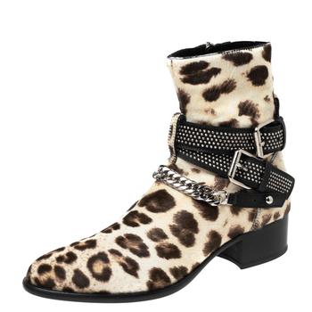 推荐Amiri Brown/Cream Leopard Print Calf Hair Moto Chain Leo Ankle Boots Size 40商品