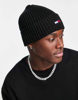 Tommy Jeans | Tommy Jeans flag ribbed beanie hat in black商品图片,