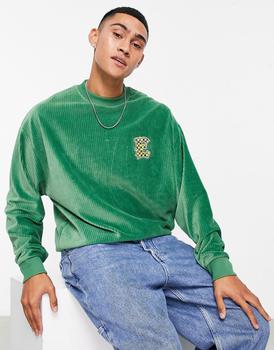 ASOS | ASOS DESIGN oversized sweatshirt in green ribbed velour with varsity badge商品图片,