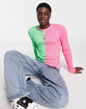 ASOS | ASOS DESIGN knitted muscle fit rib jumper in neon pink & green商品图片,4.7折