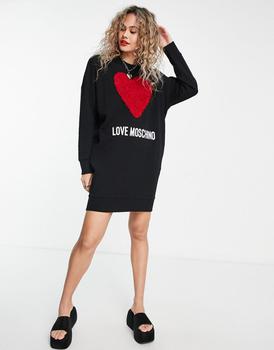 推荐Love Moschino core heart logo sweatshirt dress in black with red heart商品
