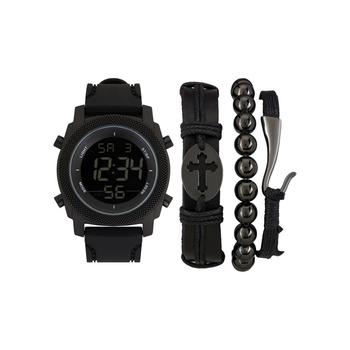 American Exchange | Men's Quartz Digital Dial Black Silicone Strap Watch and Assorted Black Stackable Bracelets Gift Set, Set of 4商品图片,4.9折