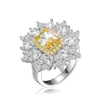 商品Sterling Silver White Gold Plated Yellow Radiant with Clear Cubic Zirconia Halo Ring图片