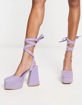 推荐Daisy Street platform flared heeled shoes in lilac glitter商品