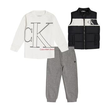 商品Calvin Klein | Little Boys Monogram T-shirt, Puffer Vest and Fleece Joggers, 3 Piece Set,商家Macy's,价格¥321图片