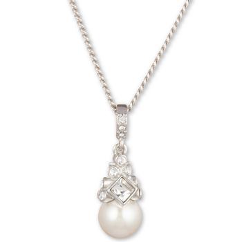 product 16" + 3" Extender Silver-Tone Crystal and Glass Pearl Pendant Necklace image