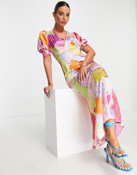 Never Fully Dressed puff sleeve maxi tea dress in contrast floral prints product img