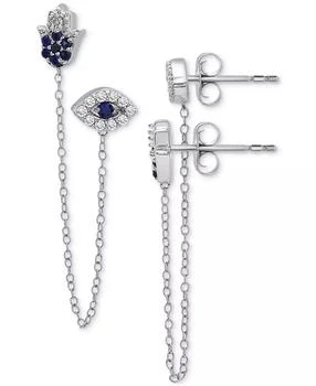 Macy's | Lab-grown Blue Sapphire (1/4 ct. t.w.) & Lab-grown White Sapphire (1/4 ct. t.w.) Evil Eye & Hamsa Hand Double Pierced Chain Earrings in Sterling Silver,商家Macy's,价格¥772