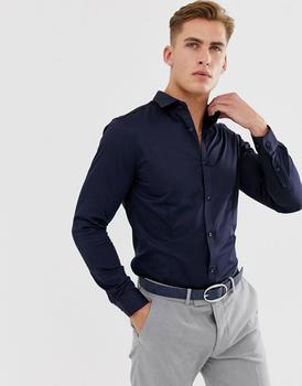 推荐Jack & Jones Premium slim fit stretch smart shirt in navy商品