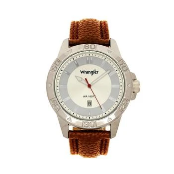 Wrangler | Men's Watch, 46MM Silver Colored Case with Embossed Arabic Numerals on Bezel, Ivory Sunray Dial, Silver Index Markers, Analog, Brown Strap 