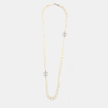 [二手商品] Chanel | Chanel Silver Tone Graduated Faux Pearl CC Charm Necklace商品图片,满1件减$100, 满减