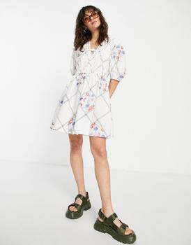 asos design, ASOS | ASOS DESIGN tie front mini smock dress in patchwork floral embroidery in white商品图片 4折