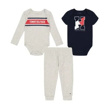 Tommy Hilfiger | Baby Boys Long Sleeve Signature Bodysuit, Short Sleeve Logo Bodysuit and Heather Joggers, 3 Piece Set 