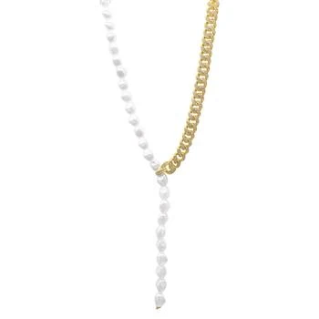 ADORNIA | 14k Gold-Plated Pavé Chain & Mother-of-Pearl Asymmetrical Lariat Necklace, 15" + 2" extender 独家减免邮费