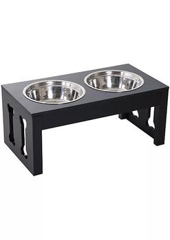 商品23" Modern Decorative Dog Bone Wooden Heavy Duty Pet Food Bowl Elevated Feeding Station Black图片