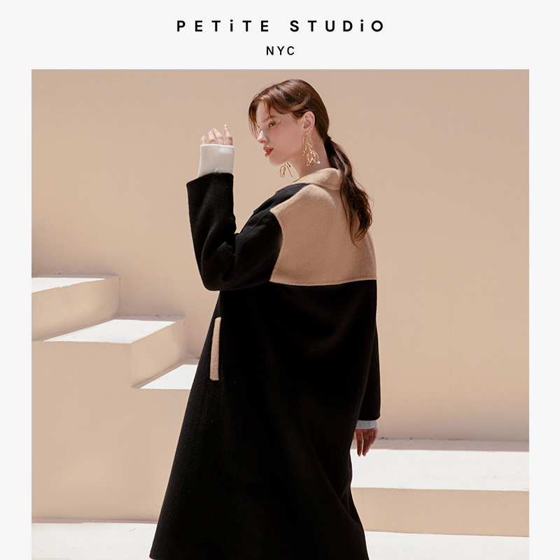 Petite Studio NYC | Teagan黑色摩登双排扣法式百搭羊毛大衣 | Teagan Wool Coat - Black & Camel商品图片,额外7折, 包邮包税, 额外七折