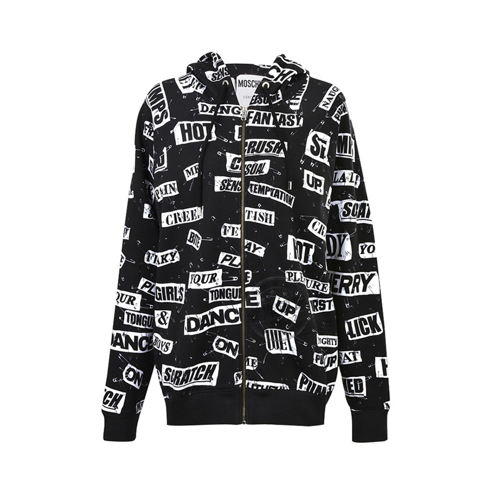Moschino | MOSCHINO 女士黑色别针字母印花拉链长袖连帽卫衣 EJ1710-5527-3555商品图片,独家减免邮费
