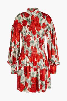 ganni floral pleated shirtdress, Ganni | Shirred floral-print stretch-silk satin mini dress商品图片 4.4折