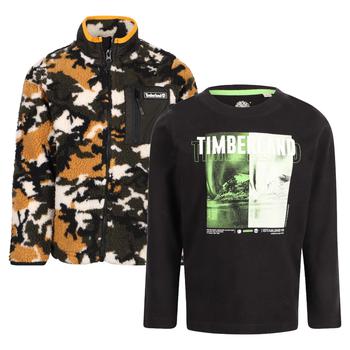 Timberland | Camouflage print logo teddy jacket and monogrammed long sleeved t shirt set in brown and black商品图片,7折×额外7折, 额外七折