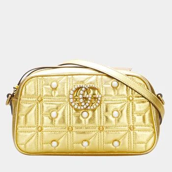 推荐Gucci Gold GG Pearl Studded Leather Marmont Crossbody Bag商品