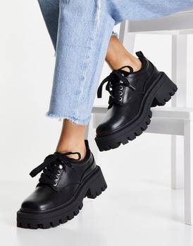 商品ASOS DESIGN Moorgate chunky square toe flat shoes in black图片