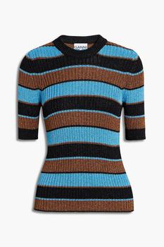 Ganni | Ribbed striped metallic crochet-knit top商品图片 4.9折