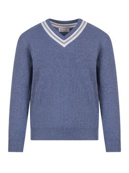 Brunello Cucinelli | Brunello Cucinelli V-Neck Striped Trim Jumper商品图片,5.9折