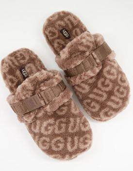 推荐Ugg fluff it pop sheepskin slippers in all over logo print brown商品