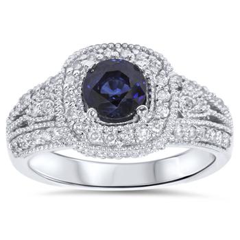 商品1 5/8ct Blue Sapphire & Diamond Vintage Ring 14K White Gold图片
