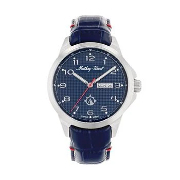 推荐Men's Excalibur Collection Three Hand Date Blue Leather Strap Watch, 45mm商品