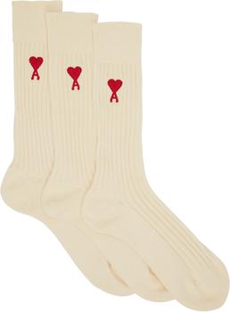 AMI | Three-Pack Off-White Ami de Cœur Socks商品图片,额外8.5折, 独家减免邮费, 额外八五折