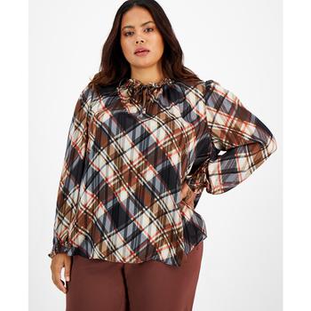 推荐Plus Size Plaid Long Sleeve Ruffled Tie-Neck Blouse, Created for Macy's商品