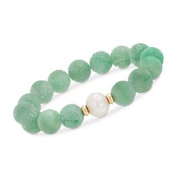 商品Ross-Simons 11-12mm Cultured Pearl and Carved Green Jade Chinese "Dragon" Bead Stretch Bracelet With 14kt Gold图片