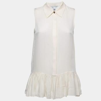 推荐Diane Von Furstenberg Cream Silk Sleeveless Ruffled Hem Top S商品