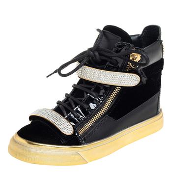 推荐Giuseppe Zanotti Black Patent Leather and Velvet Crystal Strap High Top Sneakers Size 35商品