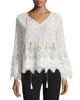 推荐Imelda Long-Sleeve Embroidered Blouse, Natural商品