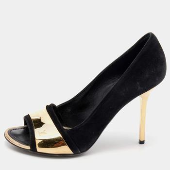 lv板鞋, [二手商品] Louis Vuitton | Louis Vuitton Black Suede Gold Plate Peep Toe Pumps Size 36.5商品图片 9.5折, 满1件减$100, 满减