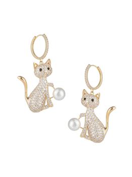 Eye Candy LA | Luxe 18K Goldplated, 2MM Shell Pearl & Cubic Zirconia Kitty Hoop-Drop Earrings 商品图片,5.2折×额外7折, 包邮包税, 独家减免邮费, 额外七折