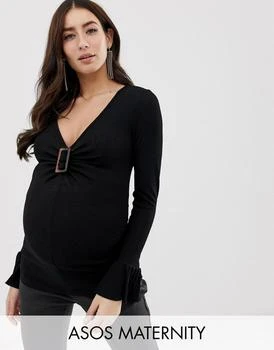 ASOS DESIGN Maternity top with buckle front and long sleeve and frill sleeve