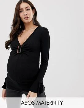 ASOS | ASOS DESIGN Maternity top with buckle front and long sleeve and frill sleeve,商家别样头等仓,价格¥99