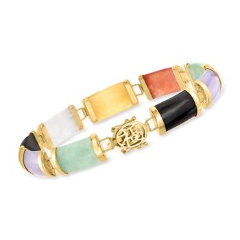商品Ross-Simons Multicolored Jade "Good Fortune" Bracelet in 14kt Yellow Gold图片