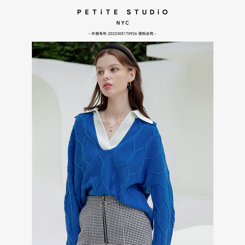 Petite Studio NYC | Canyon经典蓝菱形针织美利奴羊毛羊绒混纺毛衣 | Canyon Cashmere Blend Sweater - Classic Blue商品图片,额外7折, 包邮包税, 额外七折