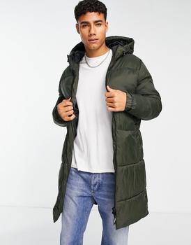 essentials棉服, Jack & Jones | Jack & Jones Essentials longline puffer coat with hood in khaki with double zip商品图片 