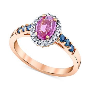 商品Multi-Sapphire (1-1/3 ct. t.w.) & Diamond (1/6 ct. t.w.) Oval Halo Ring in 14k Rose Gold图片