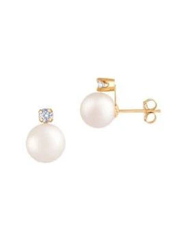 推荐14K Yellow Gold, 8-9MM Round Akoya Cultured Pearl & Diamond Stud Earrings商品