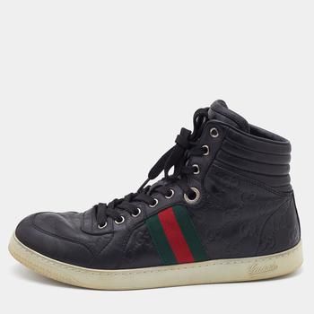 推荐Gucci Black Guccissima Leather Web Detail High Top Sneakers Size 41.5商品