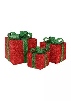 推荐Set of 3 Lighted Red and Green Tinsel Gift Boxes with Bows Christmas Outdoor Decorations 10Inch商品