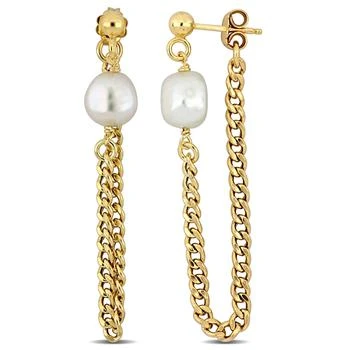 Mimi & Max | Mimi & Max 8-8.5mm Cultured Freshwater Pearl Earrings with Curb Chain in Yellow Gold Plated Sterling Silver 3.1折, 独家减免邮费
