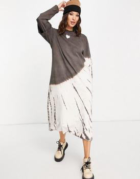 Topshop代购, Topshop | Topshop tie dye double sleeve t-shirt midi dress in charcoal商品图片 
