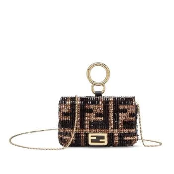 Fendi | 【预售3-7天】FENDI/芬迪BAGUETTE NANO系列 棕色和黑色珠子的FF刺绣搭配FF扣翻盖单肩手提法棍包 7AR844AEHZF0GTE 8折, 包邮包税